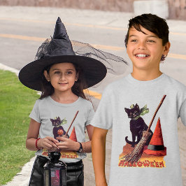Vintages Schwarzes Halloween-Katze, Hexenhut Broom T-Shirt