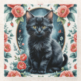 Vintages Schwarzes Kätzchen und Peony Glasuntersetzer