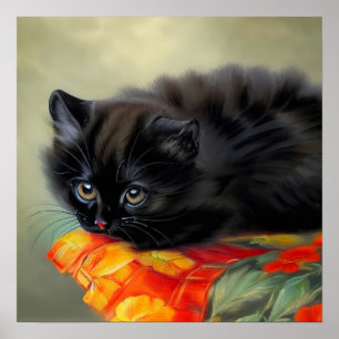 Vintages Schwarzes Kitten mit roter Blume Blanket Poster