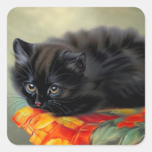 Vintages Schwarzes Kitten mit roter Blume Blanket Quadratischer Aufkleber