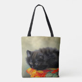 Vintages Schwarzes Kitten mit roter Blume Blanket Tasche (Rückseite)