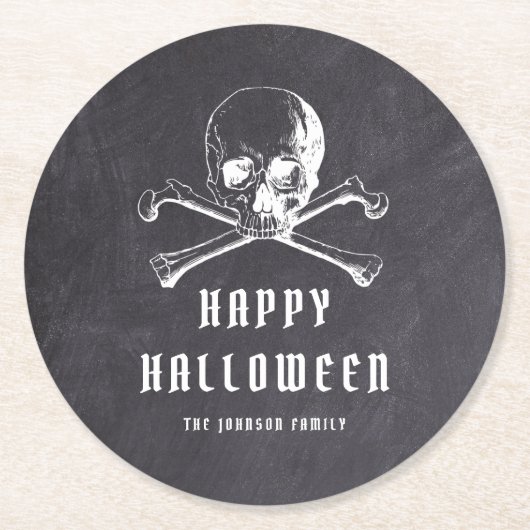 Vintages Schwarzes Piraten-Skull und KnochenHallow Runder Pappuntersetzer (Vorderseite)