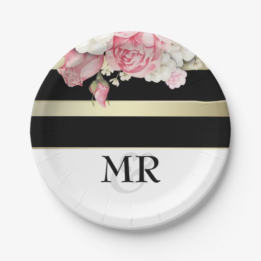 Vintages schwarzes Wedding mit Blumengoldweiße Pappteller (Vorderseite)