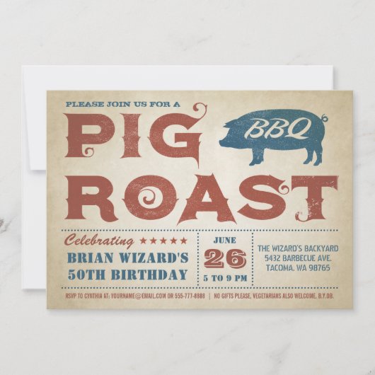 Vintages Schweinefleisch GRILLEN Geburtstag Einlad Einladung (Vorderseite)