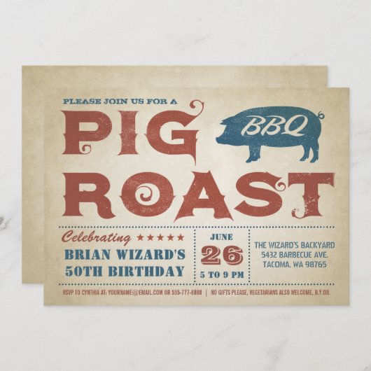 Vintages Schweinefleisch GRILLEN Geburtstag Einlad Einladung (Vorne/Hinten)