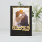 Vintages Script Black and gold Wedding Foto Dankeskarte (Stehend Vorderseite)