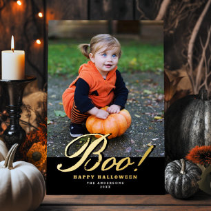Vintages Script Boo! Halloween Foto Gold Folien Feiertagskarte