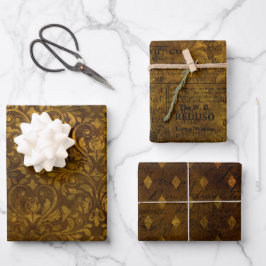 Vintages Script-Messing Gold Damask Muster Geschenkpapier Set