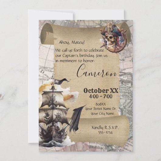 Vintages Scroll Treasmap Pirates Party Einladung (Vorderseite)