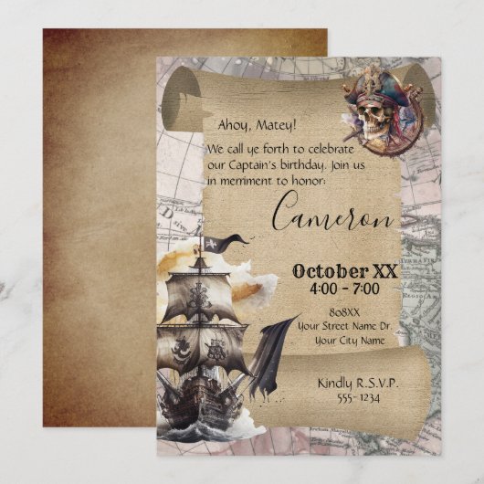 Vintages Scroll Treasmap Pirates Party Einladung (Vorne/Hinten)