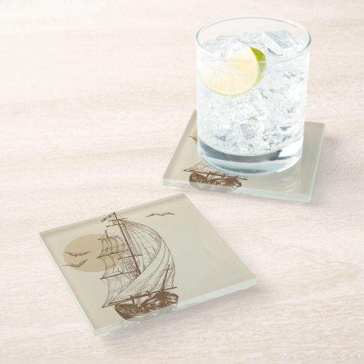 Vintages Segelboot Glasuntersetzer (Schrägansicht)