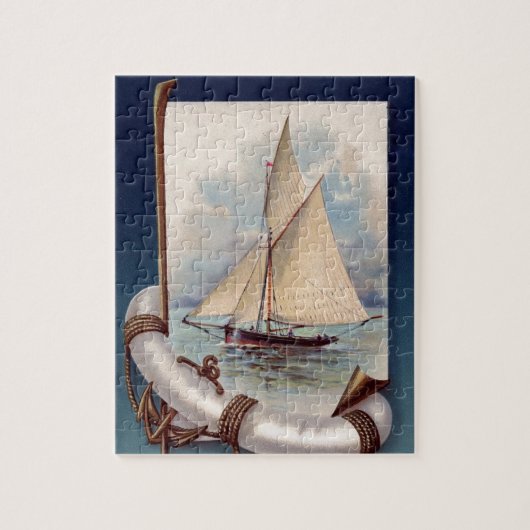 Vintages Segelboot mit Lebensretter, Seil und Puzzle (Vertikal)