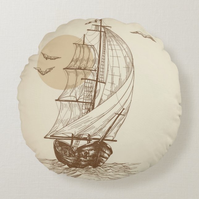 Vintages Segelboot Rundes Kissen (Vorderseite)