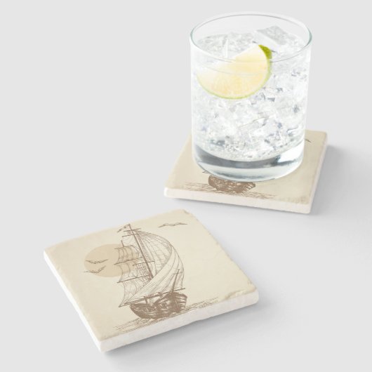 Vintages Segelboot Steinuntersetzer (Seitenansicht)