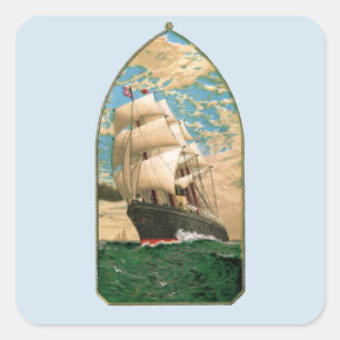Vintages Segelnschiff mit amerikanischer Flagge Quadratischer Aufkleber