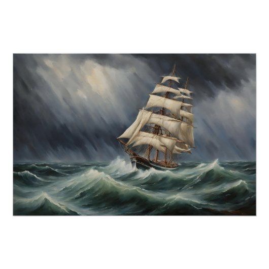 Vintages Segelschiff in der OzeanIllustration Poster (Vorderseite)