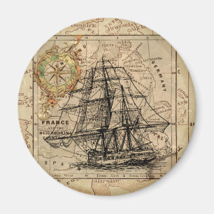 Vintages Segelschiff und alte europäische Karte Magnet