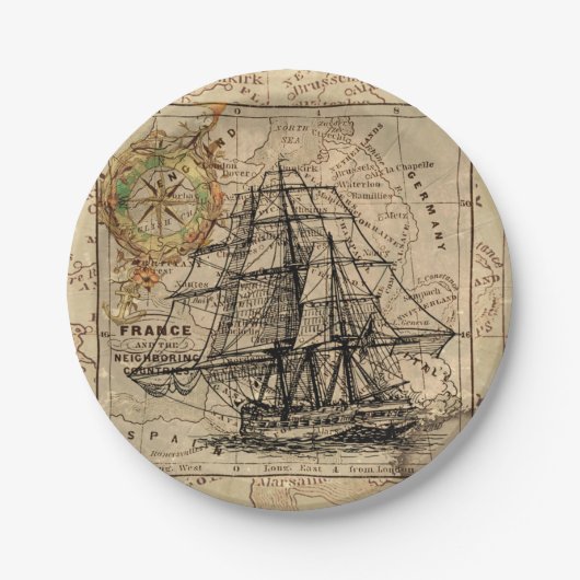 Vintages Segelschiff und alte europäische Karte Pappteller (Vorderseite)