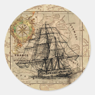Vintages Segelschiff und alte europäische Karte Runder Aufkleber
