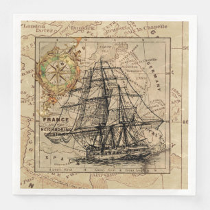 Vintages Segelschiff und alte europäische Karte Serviette
