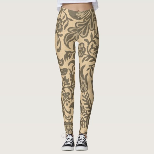 Vintages Sepia Tan Floral Botanisches Muster Leggings (Vorderseite)