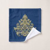 Vintages Set aus Gold und Blue Damask Badetuch (Waschlappen)
