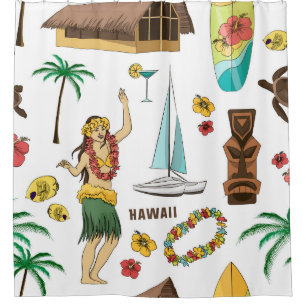  Vintages Set-Muster hawaiianischer Symbole und Sy Duschvorhang