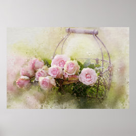 Vintages Shabby Chic Aquarellfarbene Rosen in Bas Poster