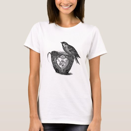 Vintages Shabby Chic Bird und Teebecher T - Shirt (Vorderseite)