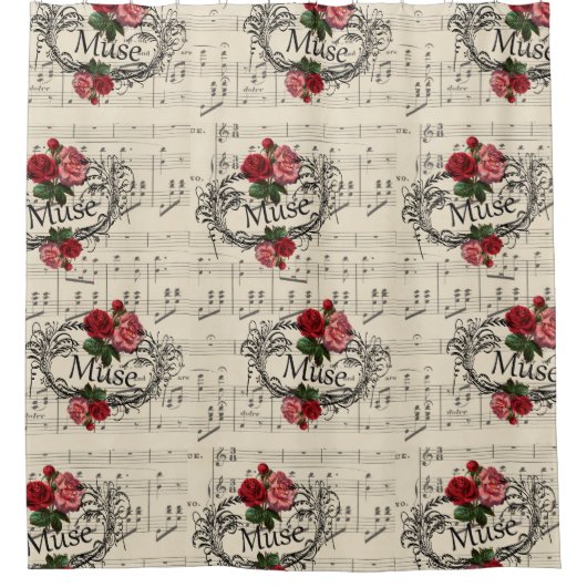 Vintages Shabby Chic-Blumenblatt-Musiknoten Muse Duschvorhang (Vorderseite)