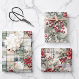 Vintages Shabby Chic Kariert Floral Berry Mix Geschenkpapier Set