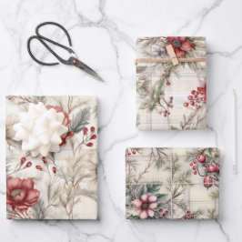 Vintages Shabby Chic Kariert Floral Berry Mix Geschenkpapier Set