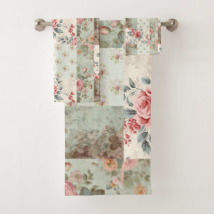 Vintages Shabby Chic Pastel Green Florals Patchwor Badhandtuch Set