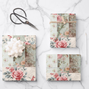 Vintages Shabby Chic Pastel Green Florals Patchwor Geschenkpapier Set