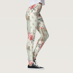 Vintages Shabby Chic Pastel Green Florals Patchwor Leggings