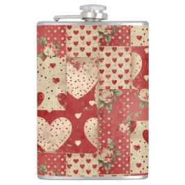 Vintages Shabby Chic Red Patchwork Muster Flachmann