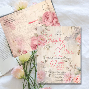 Vintages Shabby Chic Rosa Hochzeit Postkarte