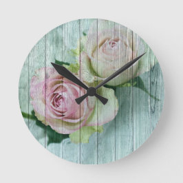 Vintages Shabby Chic rosa Rosen auf blauem Holz Runde Wanduhr