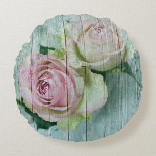 Vintages Shabby Chic rosa Rosen auf blauem Holz Rundes Kissen
