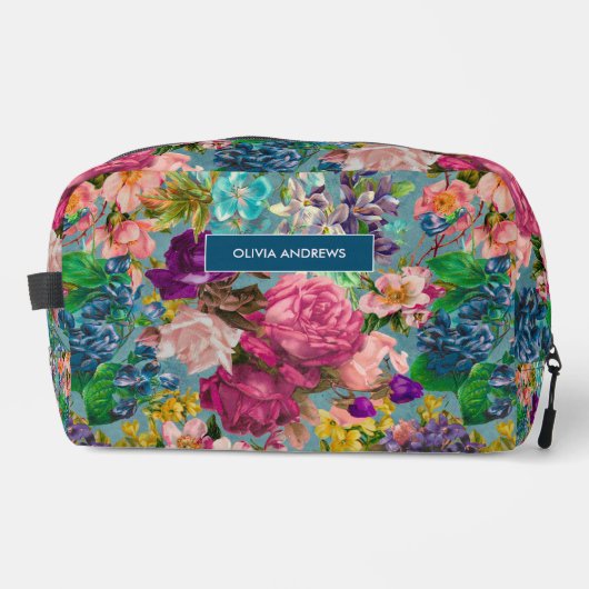 Vintages Shabby Chic Rose Blau rosa Muster Waschbeutel (Vorderseite)