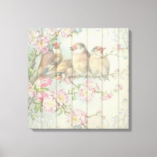 Vintages Shabby Chic verblasste Blumenvögel Kunstg Leinwanddruck (Vorderseite)