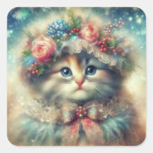 Vintages Shabby Chic Weihnachtskätzchen Quadratischer Aufkleber (Vorderseite)