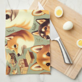 Vintages Shiba Inu Nahtloses Muster Geschirrtuch (Viertel Falte)