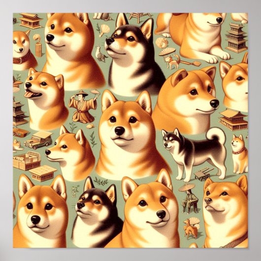 Vintages Shiba Inu Nahtloses Muster Poster (Vorne)