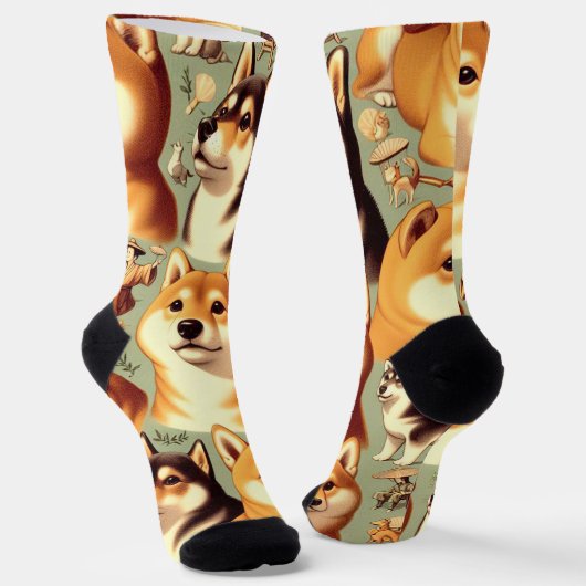 Vintages Shiba Inu Nahtloses Muster Socken (Gewinkelt)