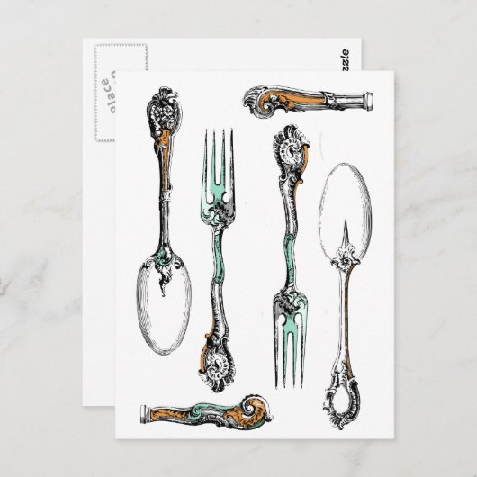 Vintages Silberbesteck, Essgeschirr auf Postkarte (Vorne/Hinten)