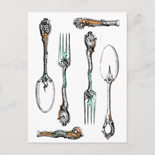 Vintages Silberbesteck, Essgeschirr auf Postkarte (Vorderseite)