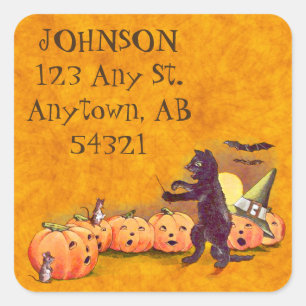 Vintages Singen des Schwarzen Katzen Halloween-Adr Quadratischer Aufkleber