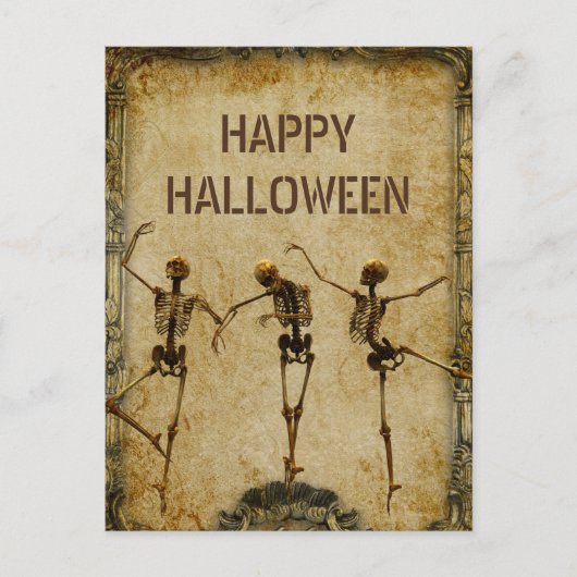 Vintages Skeleton-Tanzen glückliche Halloween-Ball Postkarte (Vorderseite)