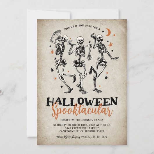 Vintages Skelett Erwachsene Halloween-Party Einladung (Vorderseite)